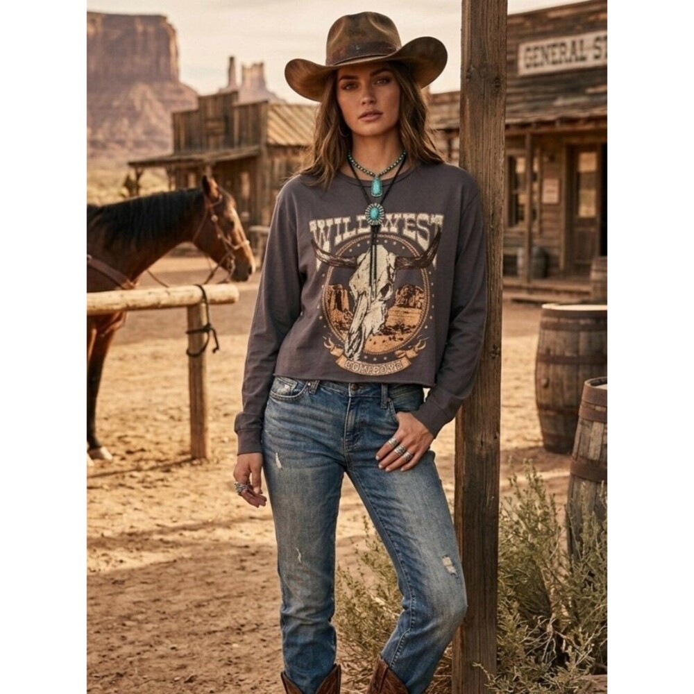 Zutter Wild West Cowboys Graphic Long Sleeve Cropped Tee Gray Cotton